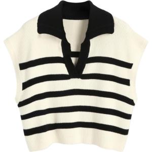 CIDER Vest for Women V Neck Cap Sleeve Striped Sweater Vest Knit Polo Neck Trendy Vest Tops Casual Trendy(Multicolor)