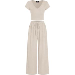 CIDER V-neck Short Sleeve Crop Tee & Knotted Wide Leg Pants Set(Beige)