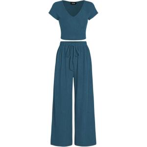 CIDER V-neck Short Sleeve Crop Tee & Knotted Wide Leg Pants Set(Blue)