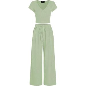 CIDER V-neck Short Sleeve Crop Tee & Knotted Wide Leg Pants Set(Green)