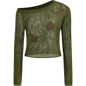 CIDER Women Knit Sweater Star Asymmetrical Neck Long Sleeve Tops Y2k Pullover Jumper(Green)