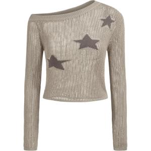 CIDER Women Knit Sweater Star Asymmetrical Neck Long Sleeve Tops Y2k Pullover Jumper(Khaki)