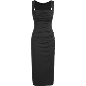 CIDER Women Midi Dress Bodycon Square Neck Sleeveless Ruched Sexy Cocktail Party Going Out Dresses(Black)