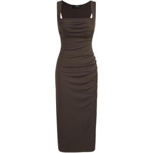 CIDER Women Midi Dress Bodycon Square Neck Sleeveless Ruched Sexy Cocktail Party Going Out Dresses(Brown)