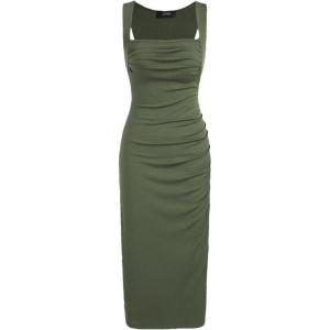 CIDER Women Midi Dress Bodycon Square Neck Sleeveless Ruched Sexy Cocktail Party Going Out Dresses(Green)