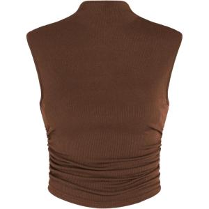 CIDER Women Solid High Neck Sleeveless Ruched Basic Cropped Tank Top Going Out Tops Trendy 2025 Summer Outfits(Brown)