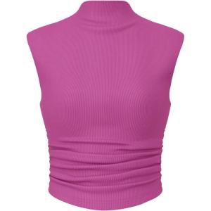 CIDER Women Solid High Neck Sleeveless Ruched Basic Cropped Tank Top Going Out Tops Trendy 2025 Summer Outfits(Fushcia)