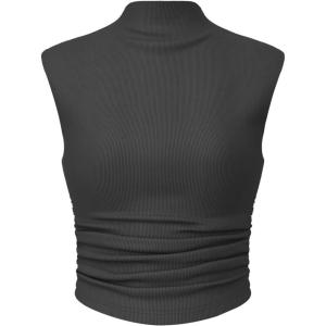 CIDER Women Solid High Neck Sleeveless Ruched Basic Cropped Tank Top Going Out Tops Trendy 2025 Summer Outfits(Grey)