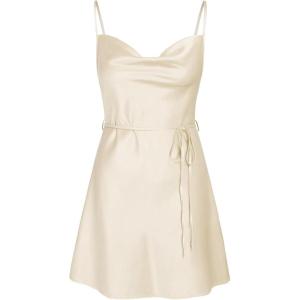CIDER Women Summer 2025 Wedding Guest Cocktail Dresses Solid Satin Cowl Neck Cami Mini Dress(Beige)