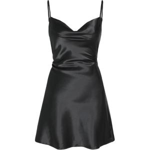 CIDER Women Summer 2025 Wedding Guest Cocktail Dresses Solid Satin Cowl Neck Cami Mini Dress(Black)