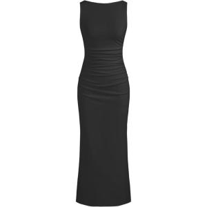 CIDER Women Summer Sleeveless Maxi Dresses Ruched Bodycon Long Wedding Guest Dress Cocktail Evening Gown(Black)