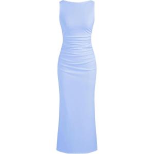 CIDER Women Summer Sleeveless Maxi Dresses Ruched Bodycon Long Wedding Guest Dress Cocktail Evening Gown(Sky Blue)