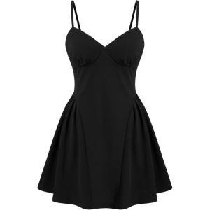 CIDER Women Summer Spaghetti Straps Mini Dress Sleeveless Cocktail V Neck Zipper Short Dresses(Black)