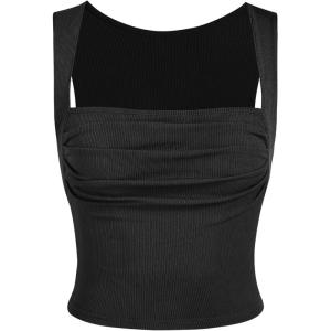 CIDER Women Tank Tops Ruched Square Neck Sleeveless Going Out Cute Crop Top Trendy(Black)
