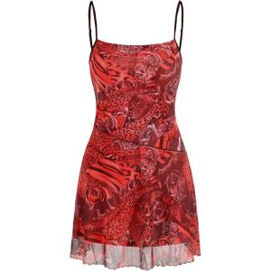 CIDER Women Western Mini Dress Floral Spaghetti Strap Cami Short Vintage Short Sundress Summer Boho Dresses(Red)