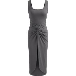 CIDER Women’s Bodycon Dress Square Neck Twist Knotted Ruched Sleeveless Maxi Tank Elegant Long Summer Dresses 2025(Grey)