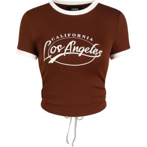 CIDER Women’s California Los Angeles Letter Knotted Short Sleeve Tee(Brown)