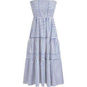CIDER Womens Casual Dresses Strapless Tube Stripped Shirred A Line Blue Beach Vacation Midi Dress Maxi Skirts S