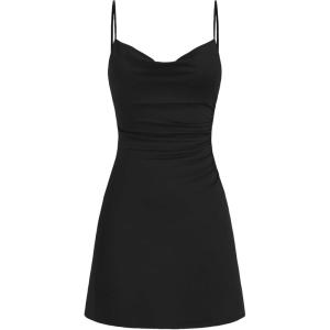 CIDER Womens Cowl Neck Ruched Lace Back Sleeveless Dresses Spaghetti Strap A Line Semi Formal Party Club Dress(Black)