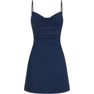 CIDER Womens Cowl Neck Ruched Lace Back Sleeveless Dresses Spaghetti Strap A Line Semi Formal Party Club Dress(Dark Navy)