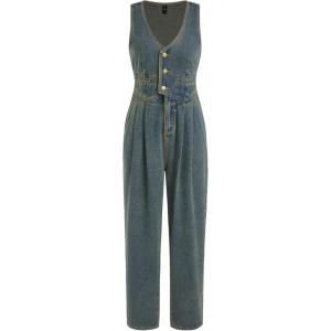 CIDER Women’s Denim V-neck Belted Straight Leg Jumpsuit(Dark Navy)