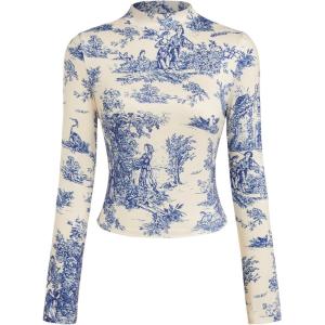 CIDER Women’s Floral Knitted Long Sleeve Mock Neck Going Out Slim Fit Tops Fall Outfits Trendy Clothes(Blue)