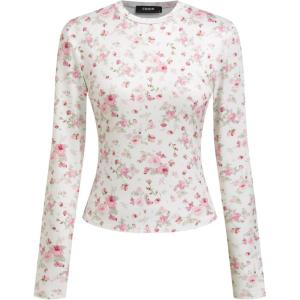CIDER Women’s Floral Knitted Long Sleeve Mock Neck Going Out Slim Fit Tops Fall Outfits Trendy Clothes(Pink)