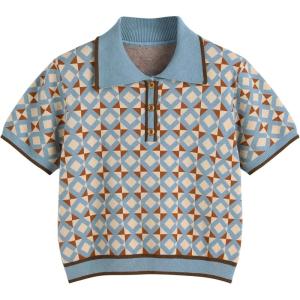 CIDER Women’s Geometric Short Sleeve Tops Polo Shirt with Collar Fashion Top(Blue)