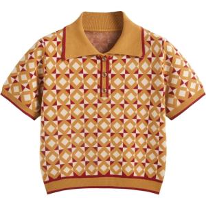 CIDER Women’s Geometric Short Sleeve Tops Polo Shirt with Collar Fashion Top(Orange)