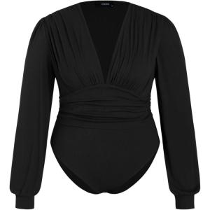 CIDER Women’s Jersey V-neck Solid Ruched Bodysuit Plus Size(Black)