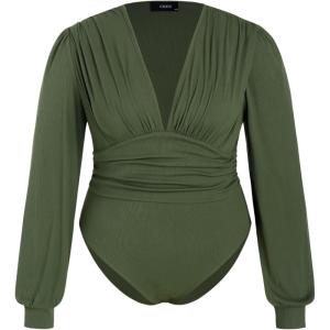 CIDER Women’s Jersey V-neck Solid Ruched Bodysuit Plus Size(Green)