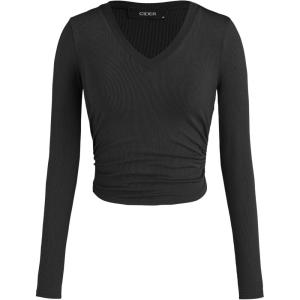 CIDER Women’s Long Sleeve Tops V Neck Ruched Crop Top Solid Rib Shirts Basic Tee for Spring Fall(Black)