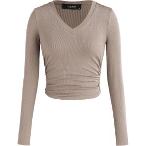 CIDER Women’s Long Sleeve Tops V Neck Ruched Crop Top Solid Rib Shirts Basic Tee for Spring Fall(Khaki)