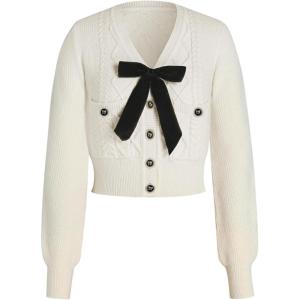 CIDER Women’s Long Sleeve V-Neck Button Down Rib Knit Cropped Cardigan Bow Sweater Trendy Winter Outfits 2024(Ivory)