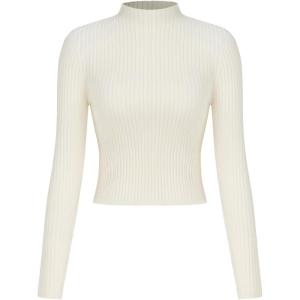 CIDER Women’s Mock Neck Crop Tops Long Sleeve Fitted Basic Tee Shirts(Beige)