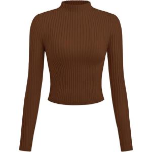 CIDER Women’s Mock Neck Crop Tops Long Sleeve Fitted Basic Tee Shirts(Brown)