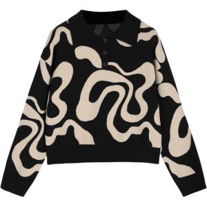 CIDER Women’s Plus Size Color Block Cropped Collared Shirts Long Sleeve Sweater Pullover Tops(Black)