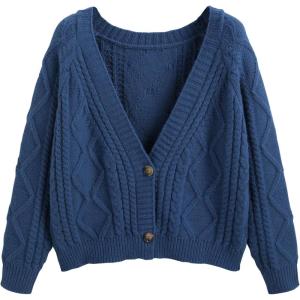 CIDER Women’s Plus Size Cropped V-Neck Cardigan Long Sleeve Sweater(Blue)