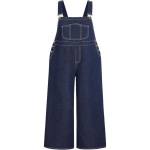 CIDER Women’s Plus Size Denim Overall Bib Wide Leg Adjustable Strap Jean Jumpsuits with Pockets(Navy Blue)