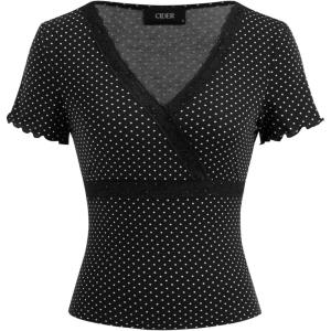 CIDER Women’s Polka Dot Lace Trim Tops V Neck Short Sleeve Blouse for Summer(Black)