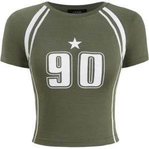 CIDER Women’s Round Neck Graphic Short Sleeve Crop Tee(Dark Green)