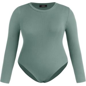 CIDER Women’s Round Neckline Long Sleeve Bodysuit Plus Size(Green)