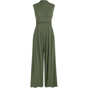 CIDER Women’s Round Neckline Solid Pleated Jumpsuit(Olive Green)