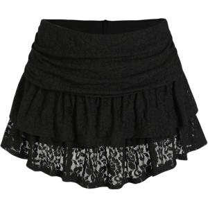 CIDER Women’s Ruched Floral Lace Knit Layered Mini Skort(Black)