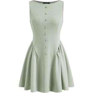 CIDER Womens Sleeveless Casual Boat Neck Party Dress Button Front A Line Dresses(Pale Green)