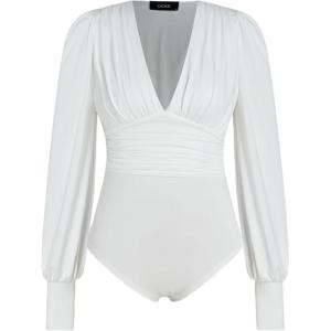 CIDER Women’s Solid V-neck Ruched Knitted Bodysuit(White)