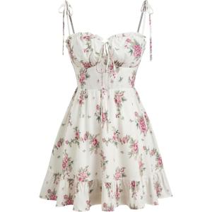 CIDER Womens Summer Dresses Floral Spaghetti Strap Cute Vacation Sundress Dress Boho Casual Outfits(White & Pink)