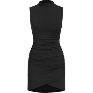 CIDER Women’s Summer Mini Dress Cocktail Dress Mock Neck Sleeveless Ruched Short Dresses Trendy 2025(Black)