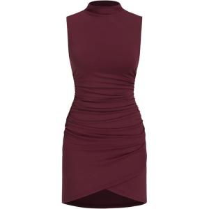 CIDER Women’s Summer Mini Dress Cocktail Dress Mock Neck Sleeveless Ruched Short Dresses Trendy 2025(Wine)