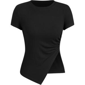 CIDER Women’s Summer Tops Crew Neck Short Sleeve Ribbed T-Shirt Asymmetric Hem Tops for Summer(Black)